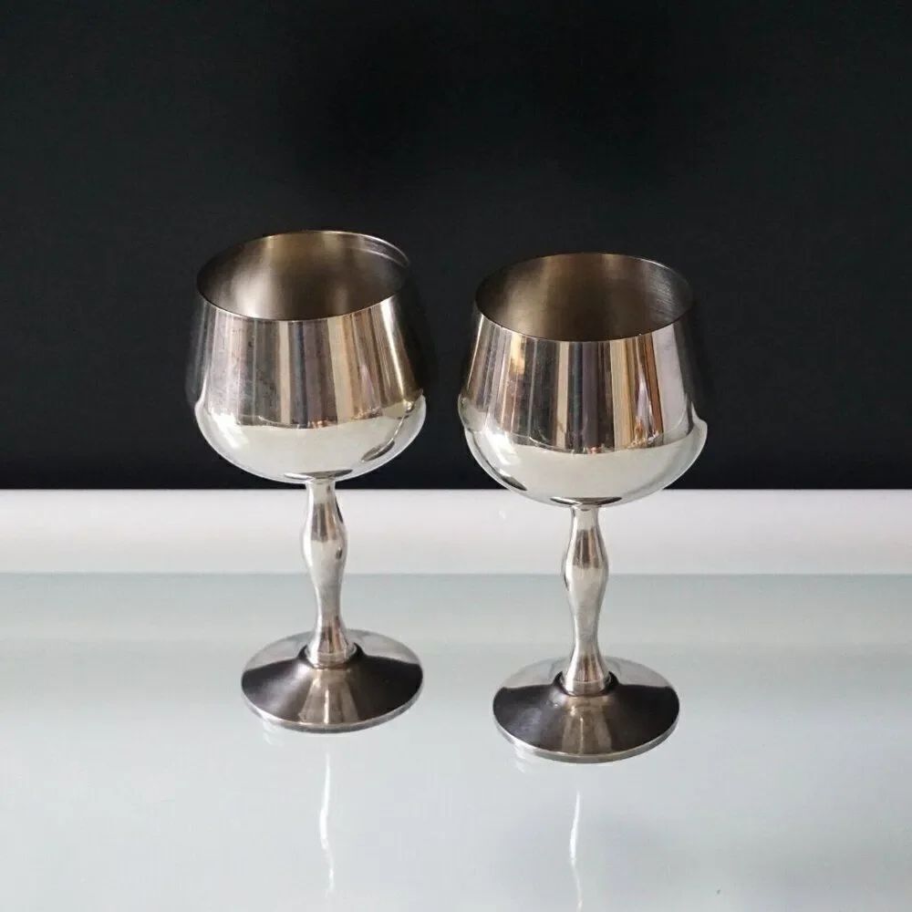 Set of 2 Silver Plate Wine Goblets 5 1/2" Tall Portugal Chalice Wine Cup